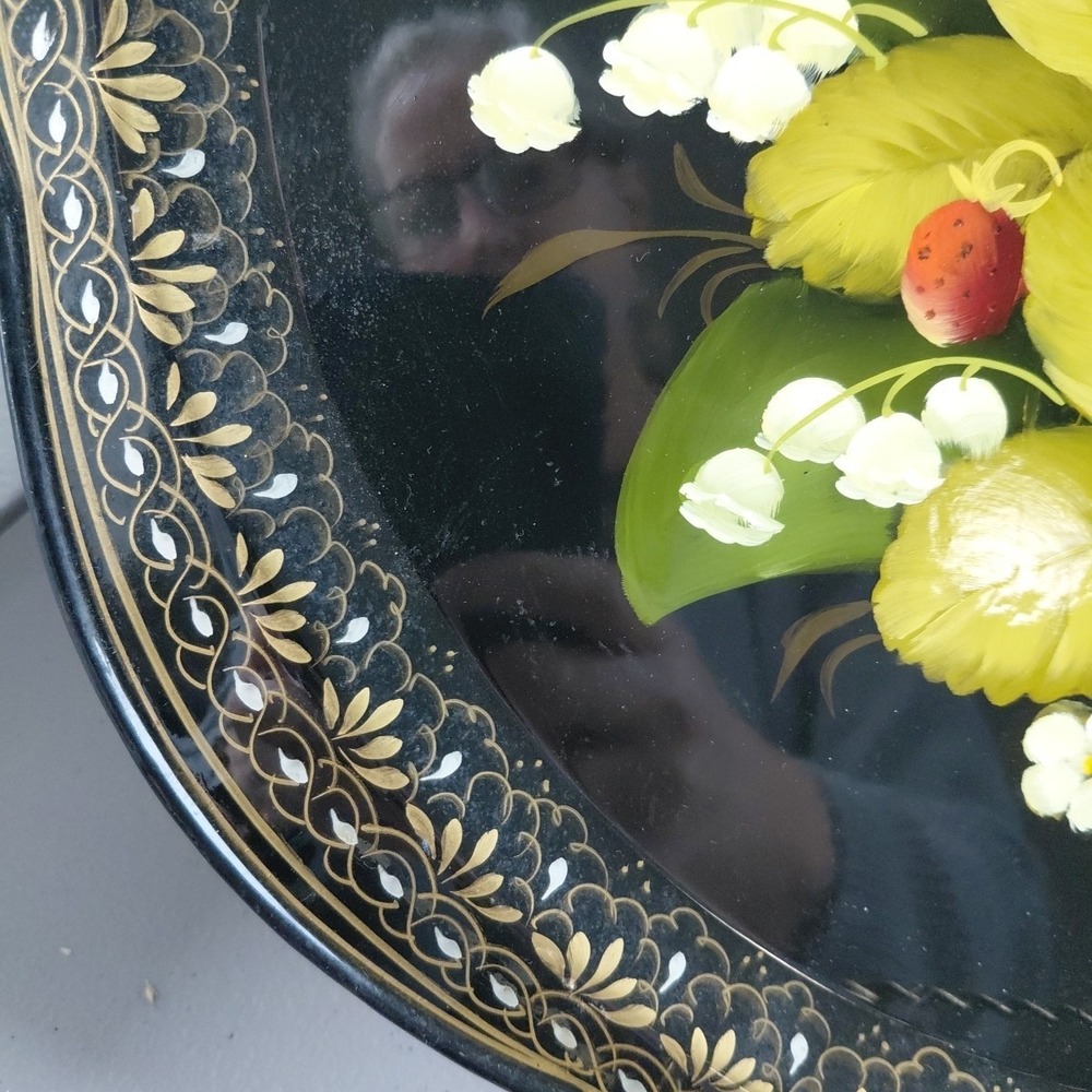 VTG Russian Zhostovo Hand Painted Floral Metal TRAY Folk Art Signed Strawberries - Picture 4 of 7